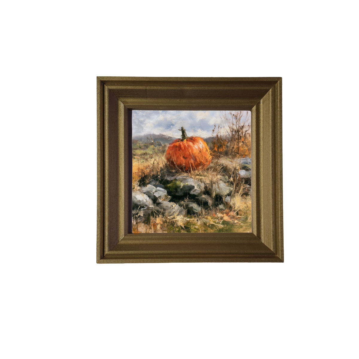 Heirloom pumpkin in warm autumn colors resting on a rustic surface, framed in handcrafted wood — product view 2