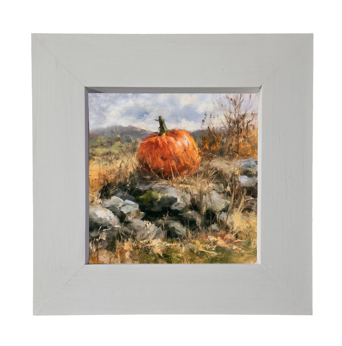 Heirloom pumpkin in warm autumn colors resting on a rustic surface, framed in handcrafted wood — product view 3