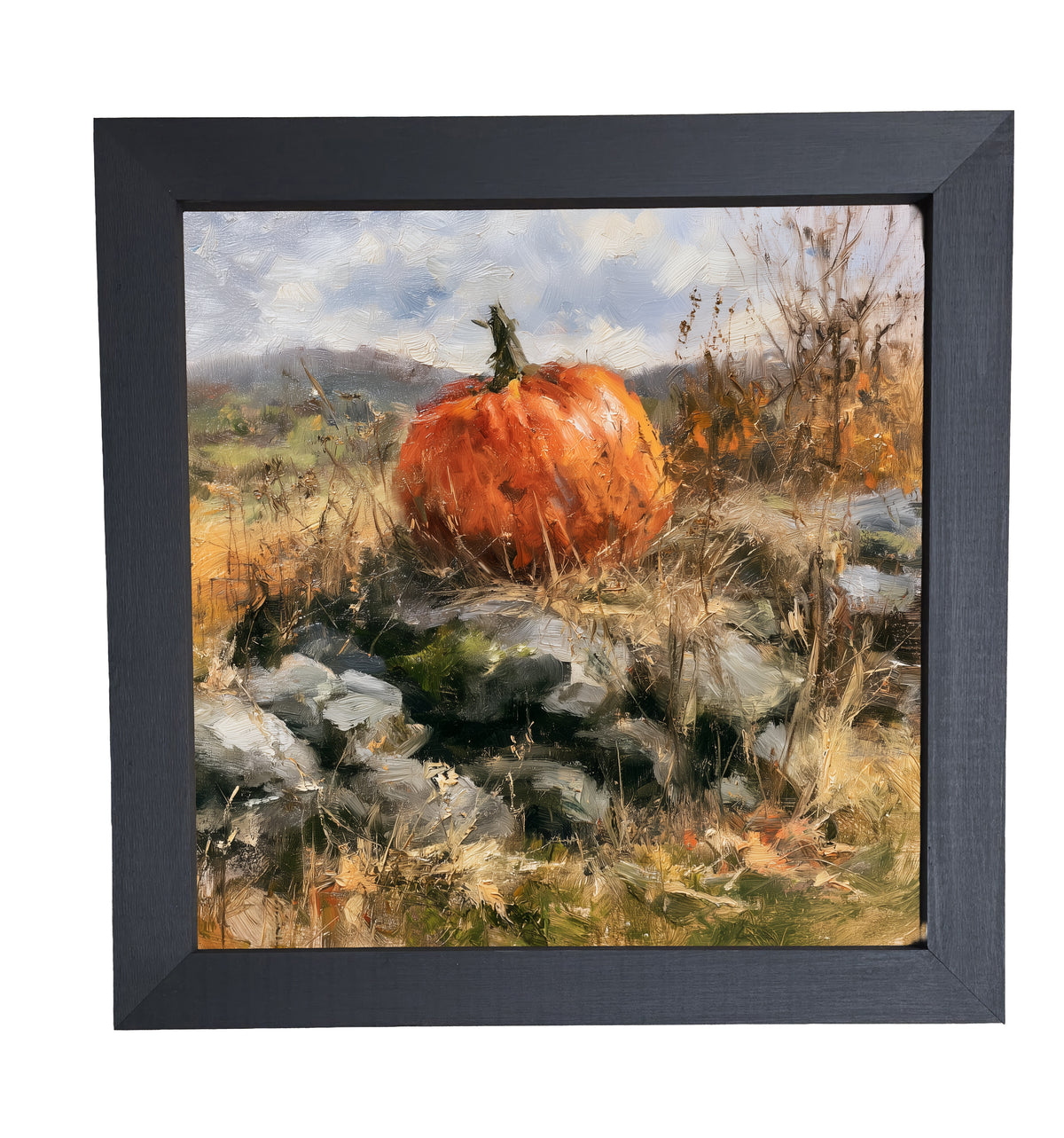 Heirloom pumpkin in warm autumn colors resting on a rustic surface, framed in handcrafted wood — product view 10