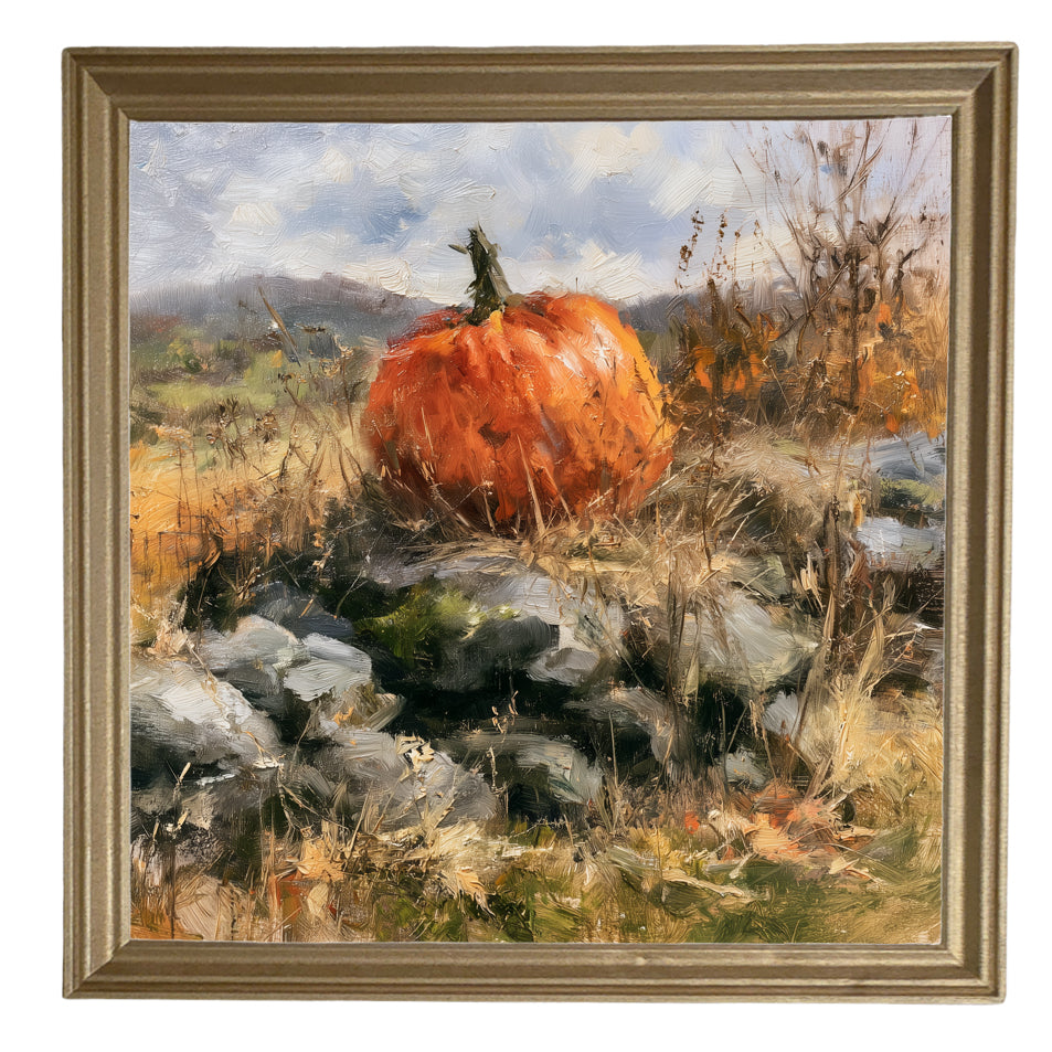 Heirloom pumpkin in warm autumn colors resting on a rustic surface, framed in handcrafted wood — product view 8