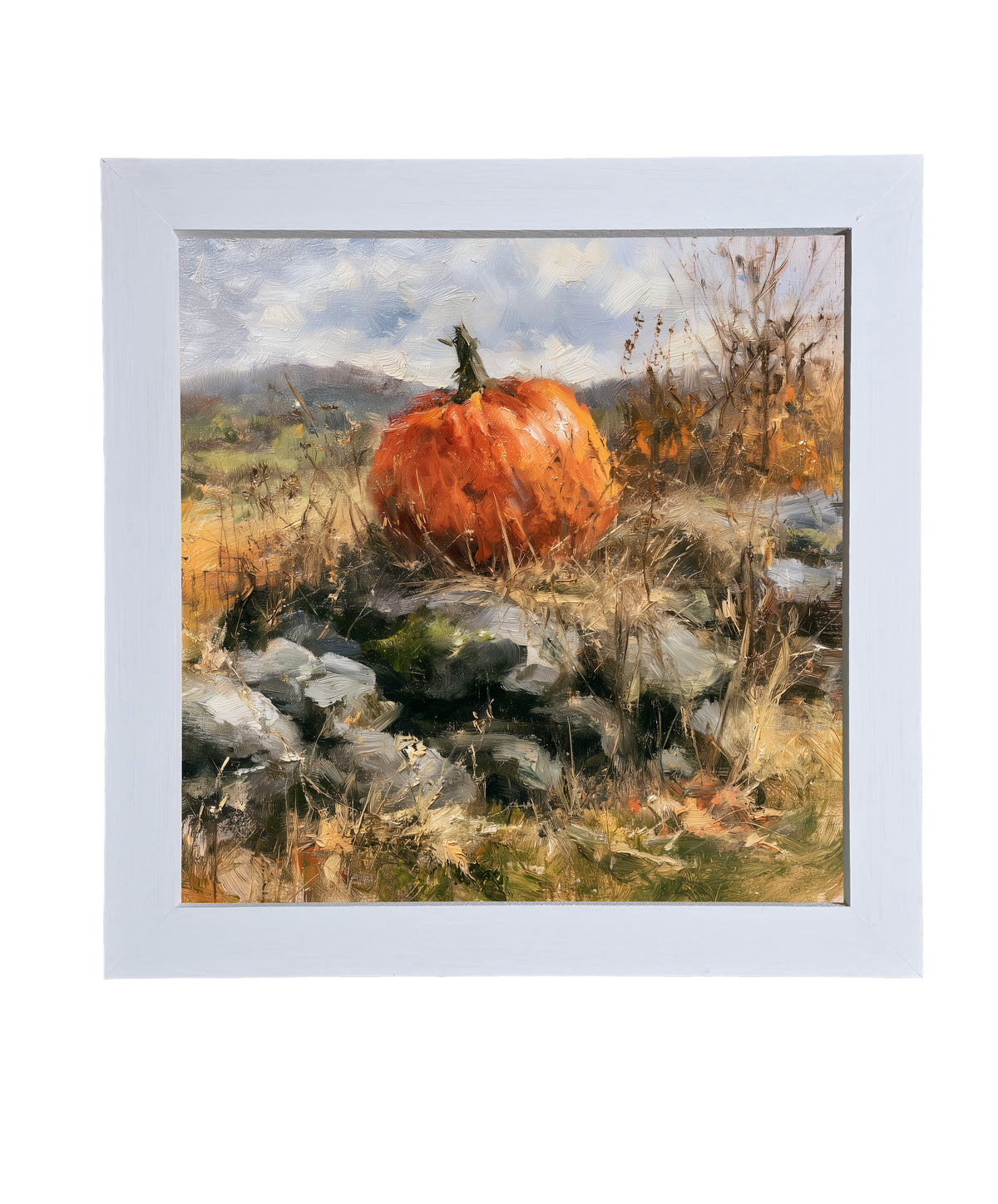 Heirloom pumpkin in warm autumn colors resting on a rustic surface, framed in handcrafted wood — product view 9