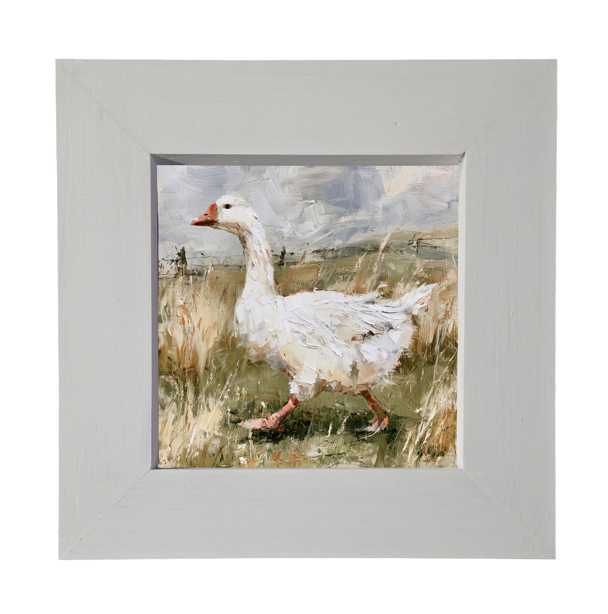White goose walking through a grassy meadow in a rustic, painterly style — product view 4