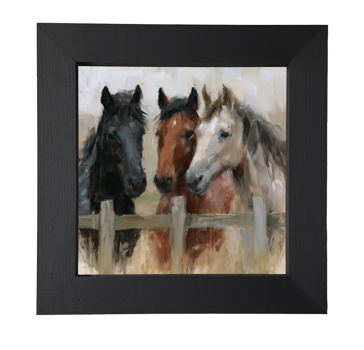Three horses standing closely together in a rustic, country-inspired framed artwork