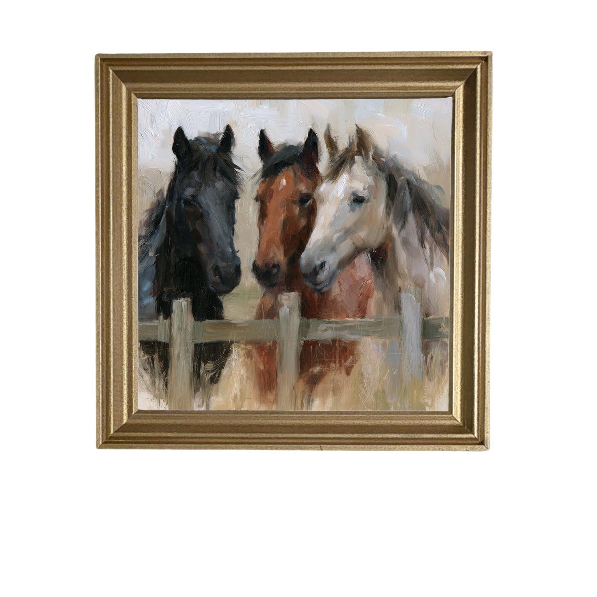 Three horses standing closely together in a rustic, country-inspired framed artwork — product view 6