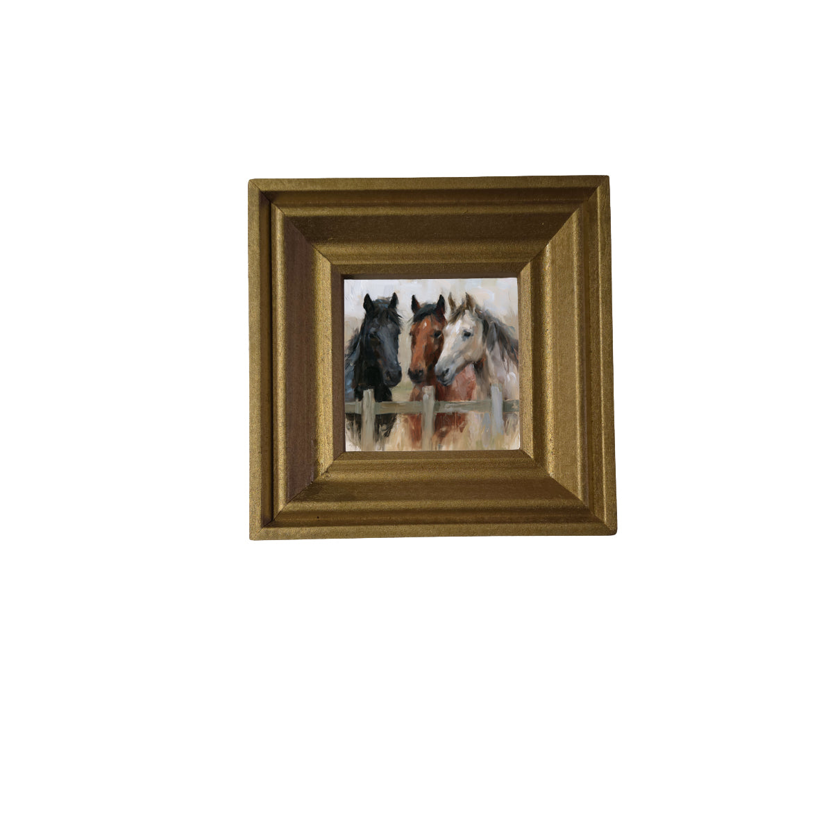 Three horses standing closely together in a rustic, country-inspired framed artwork — product view 2