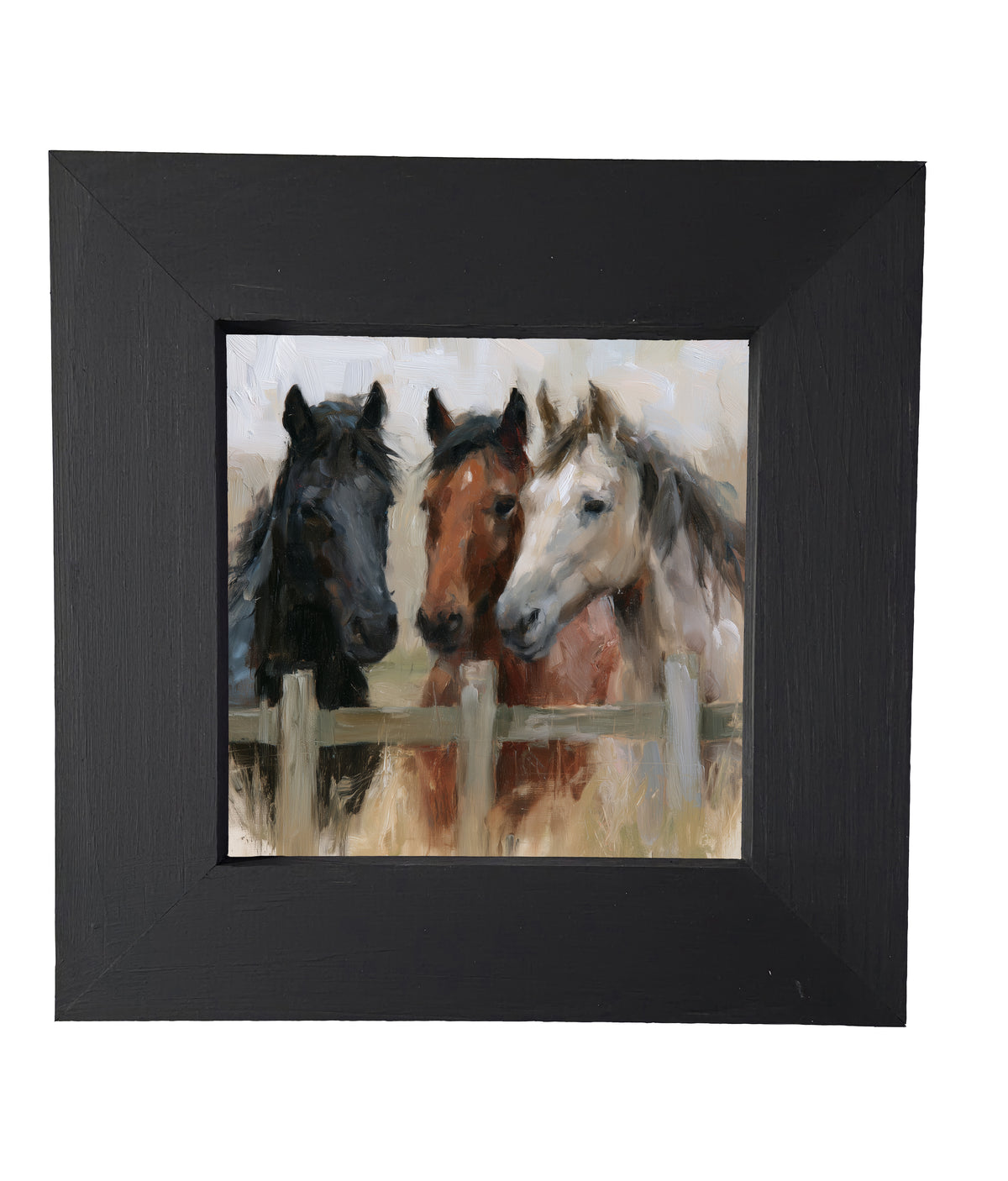 Three horses standing closely together in a rustic, country-inspired framed artwork — product view 5