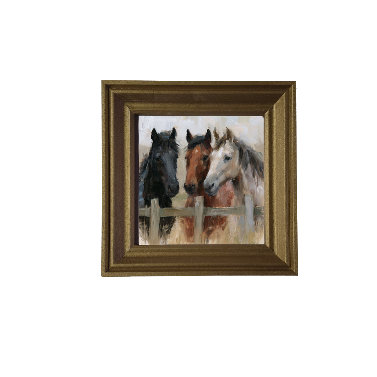 Three horses standing closely together in a rustic, country-inspired framed artwork — product view 3