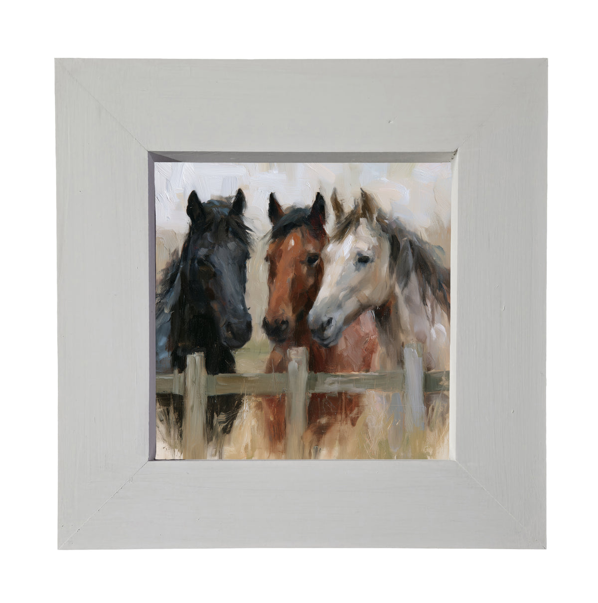 Three horses standing closely together in a rustic, country-inspired framed artwork — product view 4
