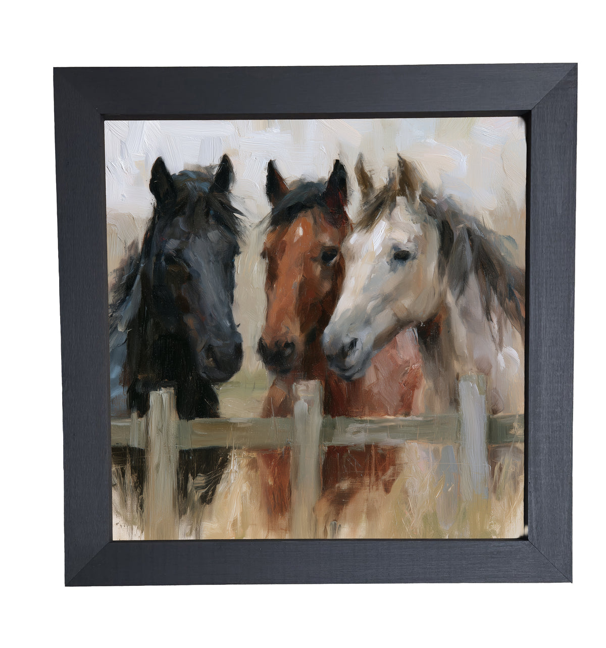 Three horses standing closely together in a rustic, country-inspired framed artwork — product view 10