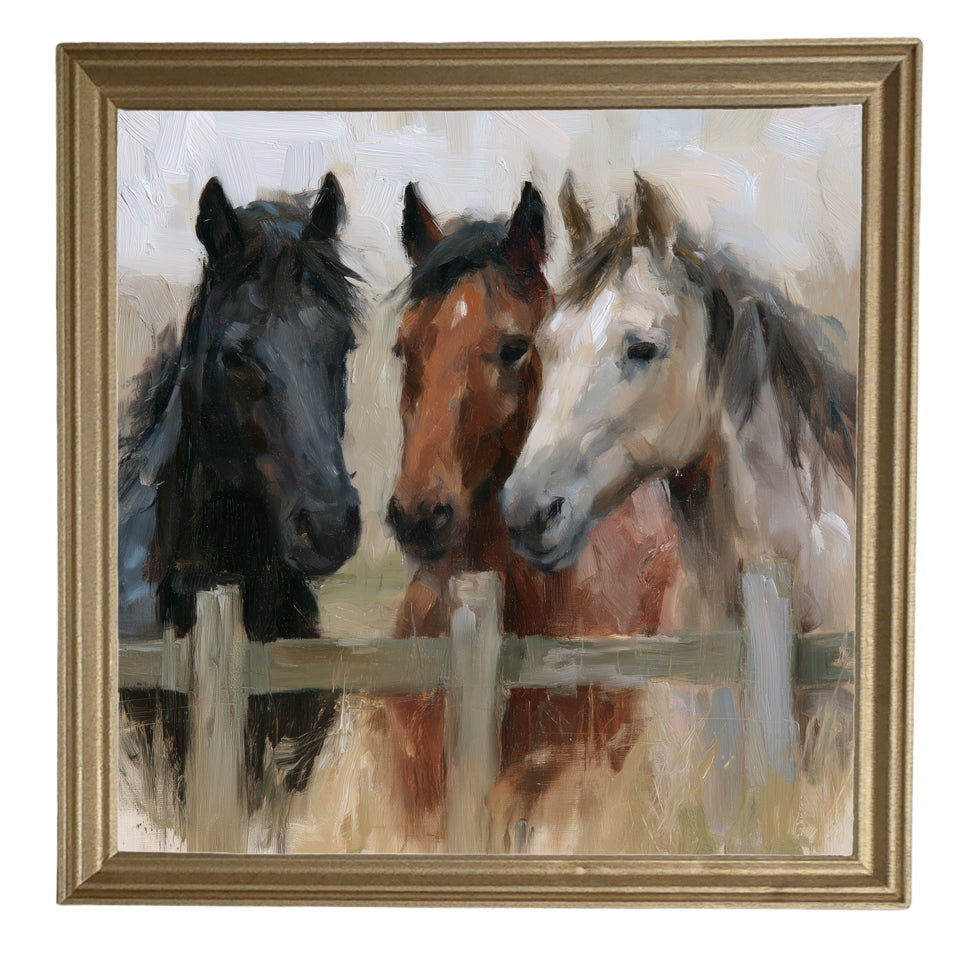 Three horses standing closely together in a rustic, country-inspired framed artwork — product view 8