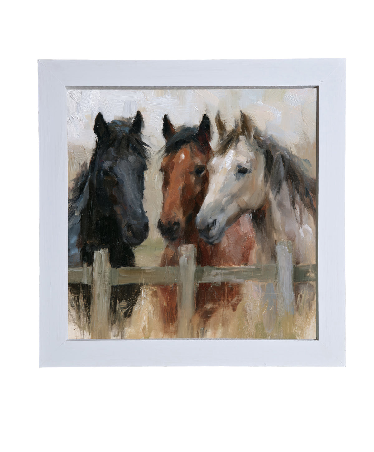 Three horses standing closely together in a rustic, country-inspired framed artwork — product view 9