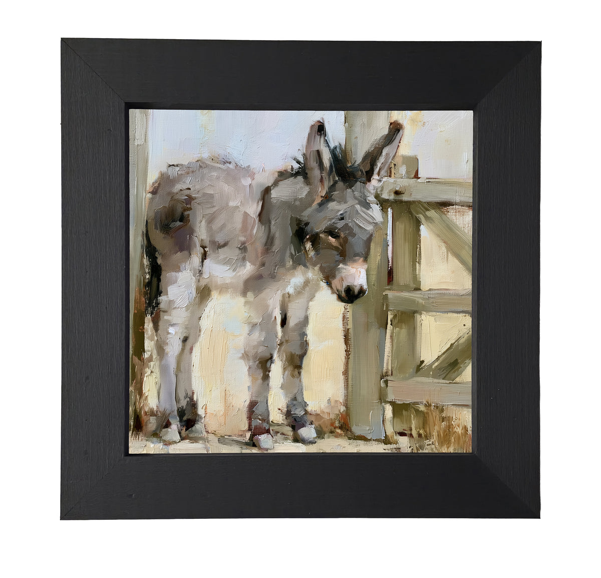 young gray-brown donkey standing quietly, rustic farmhouse framed art — product view 7