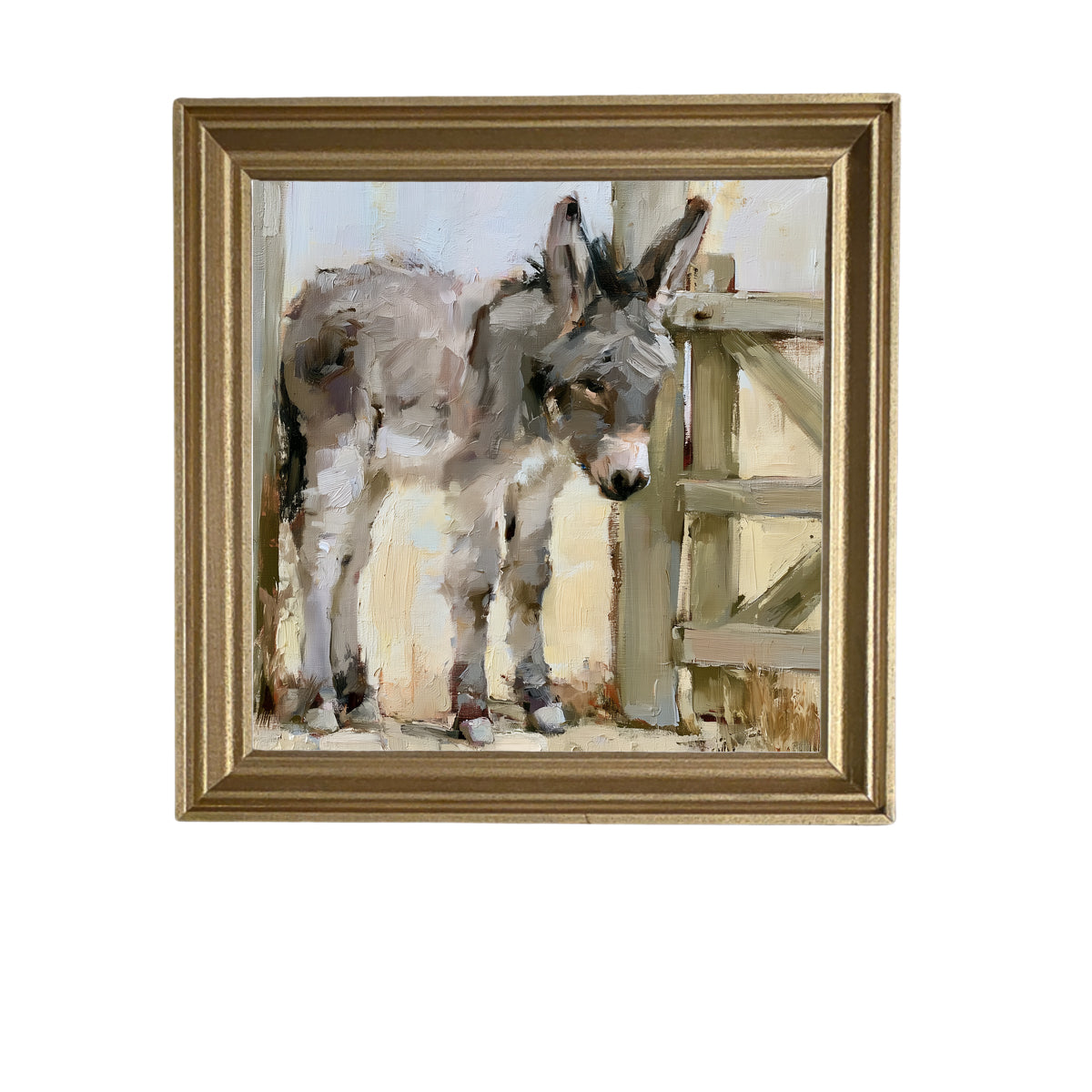 young gray-brown donkey standing quietly, rustic farmhouse framed art