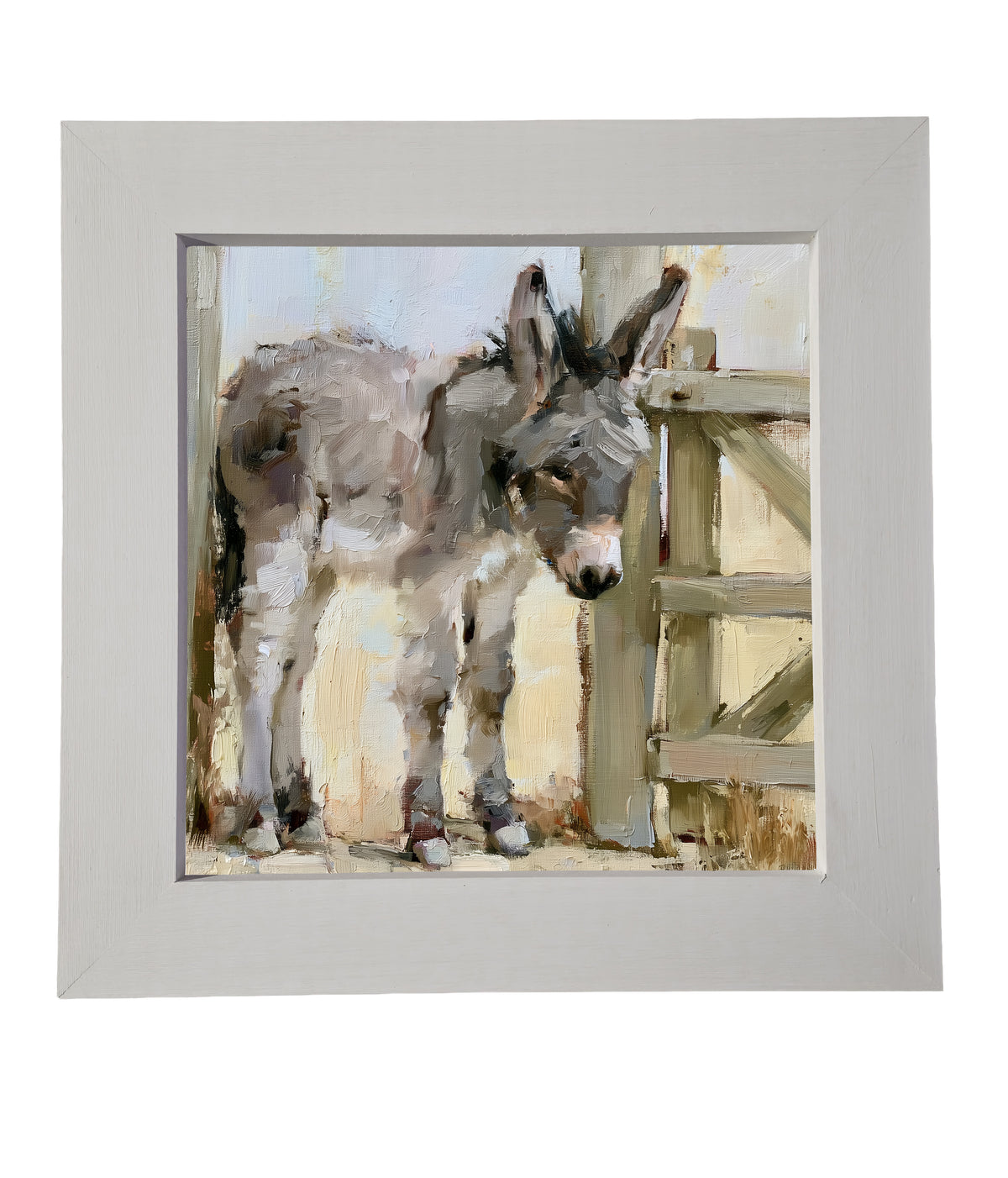 young gray-brown donkey standing quietly, rustic farmhouse framed art — product view 6