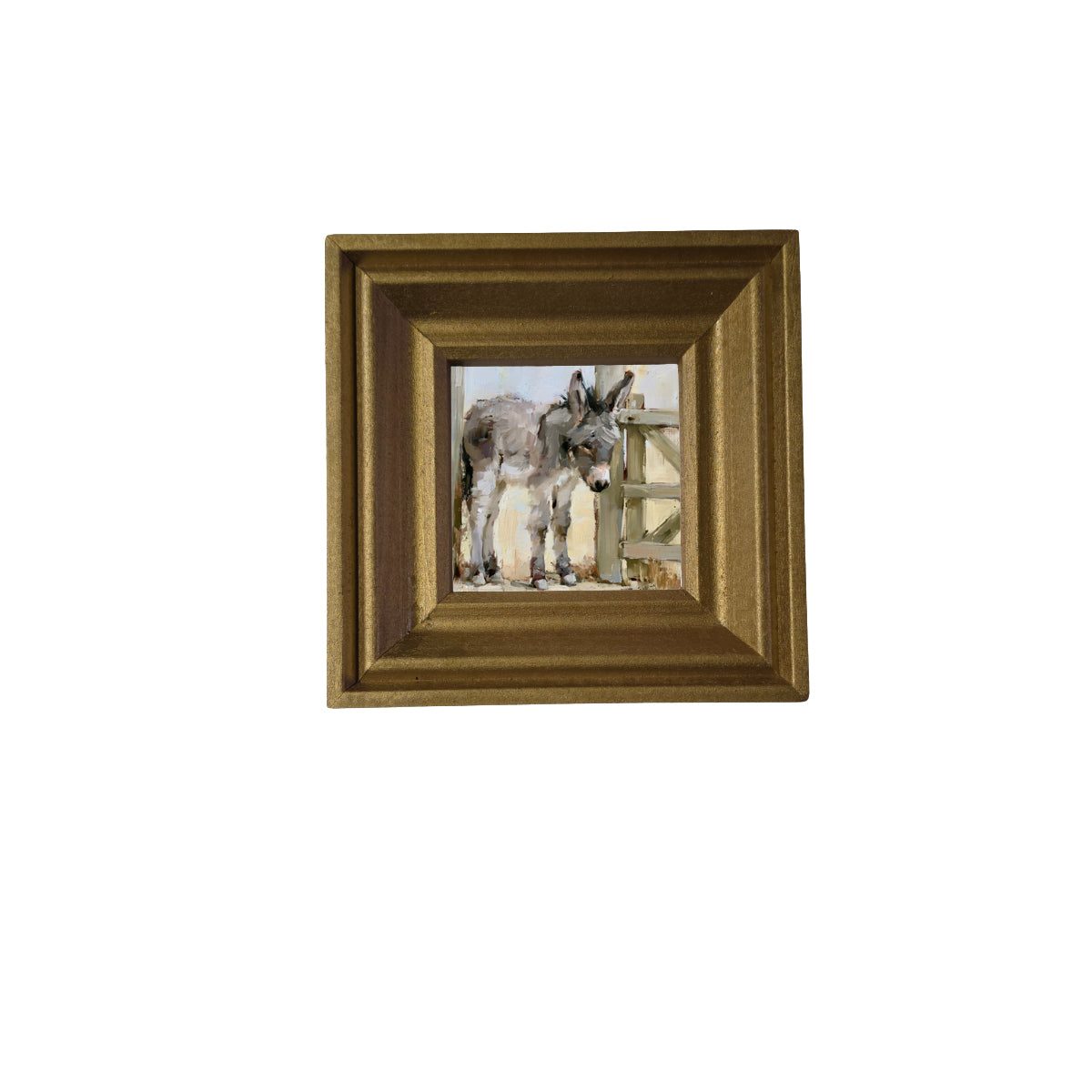 young gray-brown donkey standing quietly, rustic farmhouse framed art — product view 2