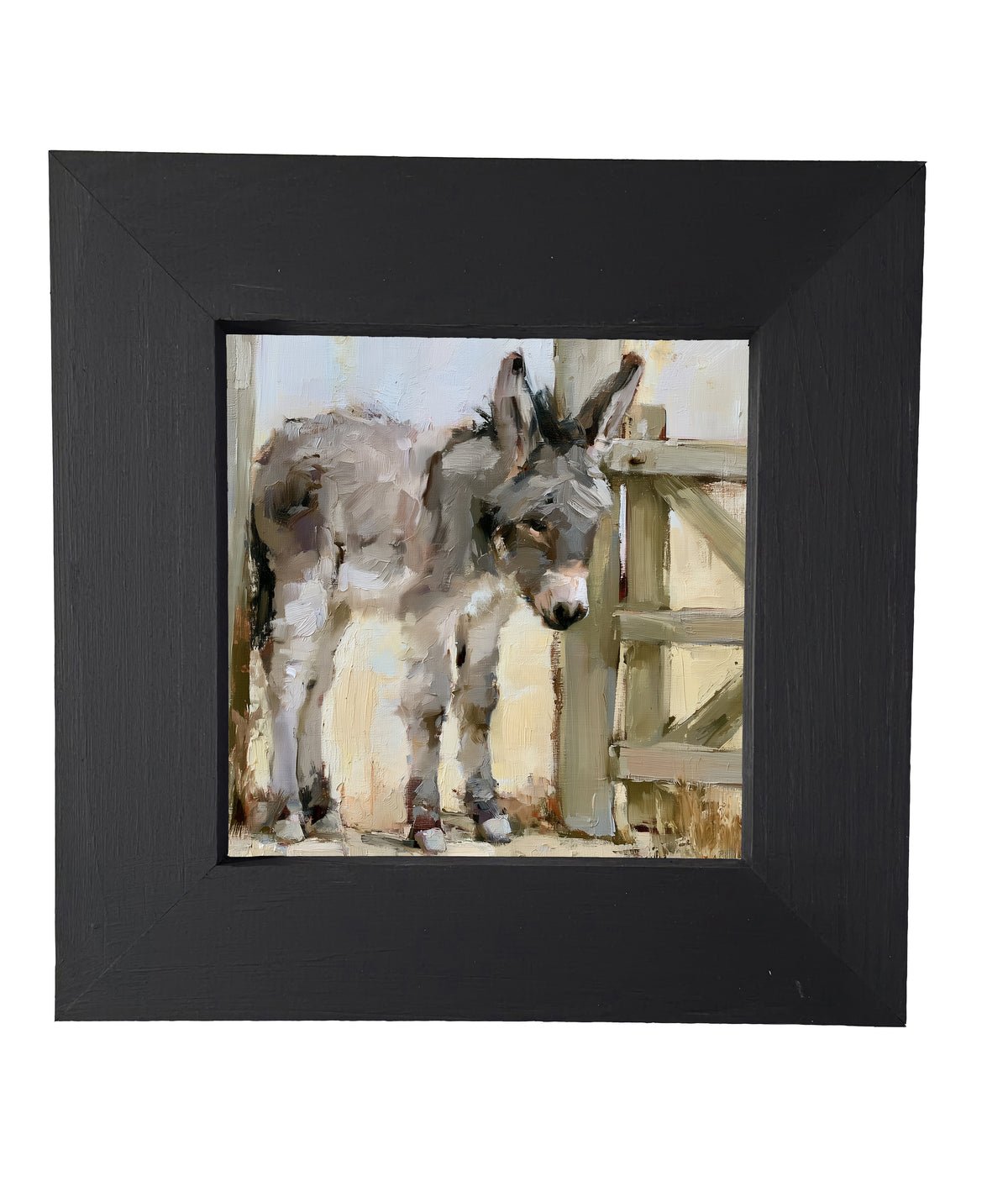 young gray-brown donkey standing quietly, rustic farmhouse framed art — product view 5