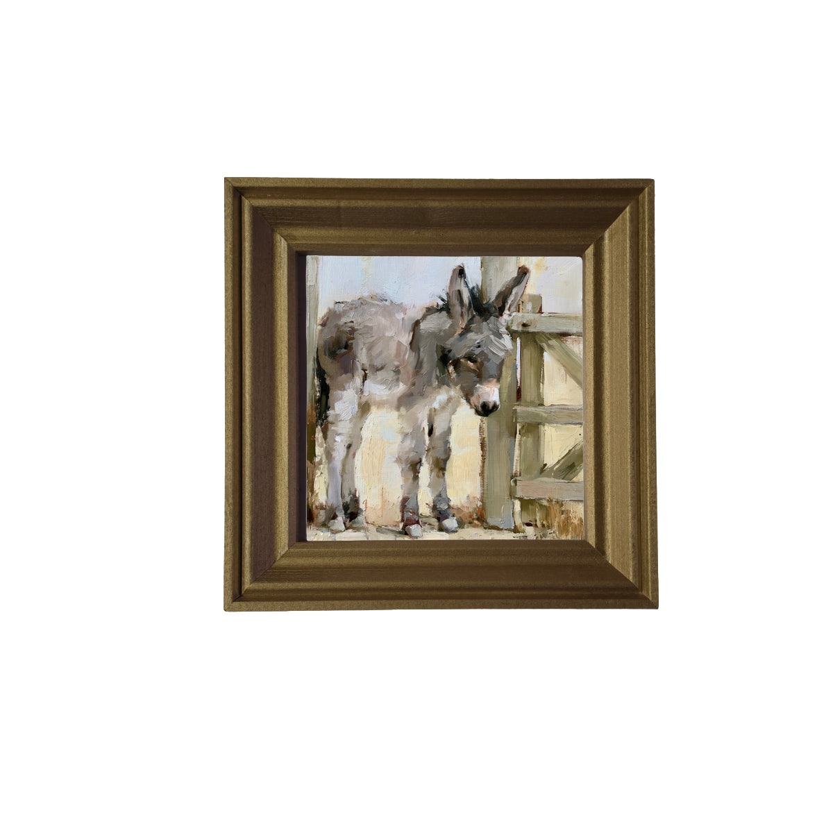 young gray-brown donkey standing quietly, rustic farmhouse framed art — product view 3