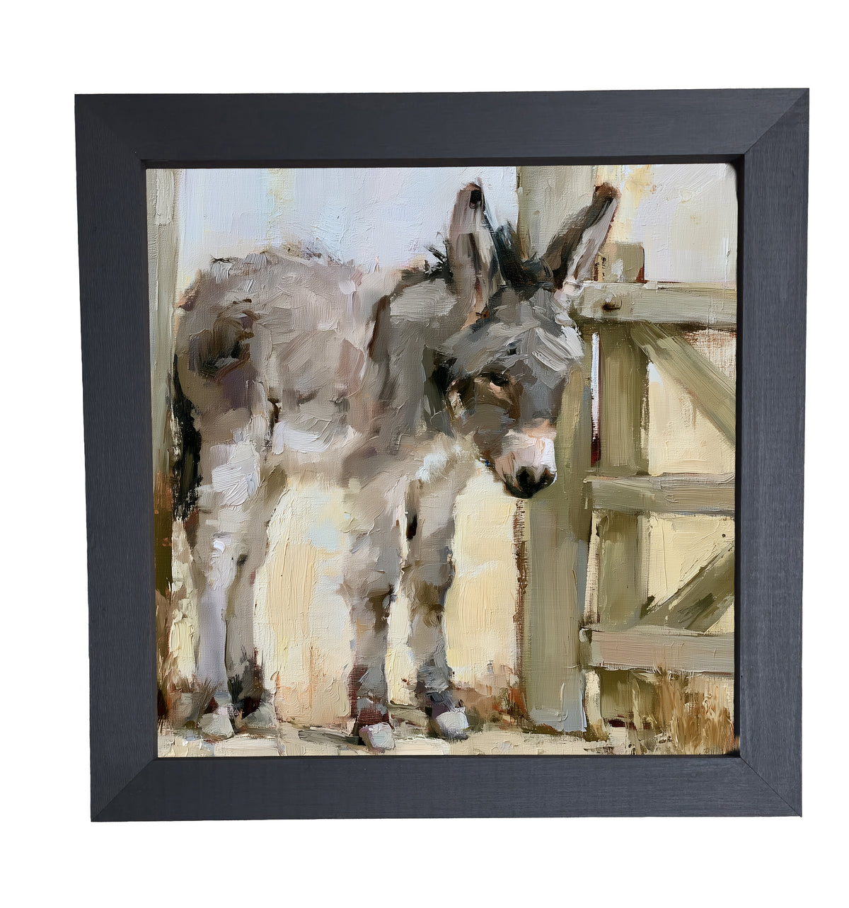 young gray-brown donkey standing quietly, rustic farmhouse framed art — product view 10