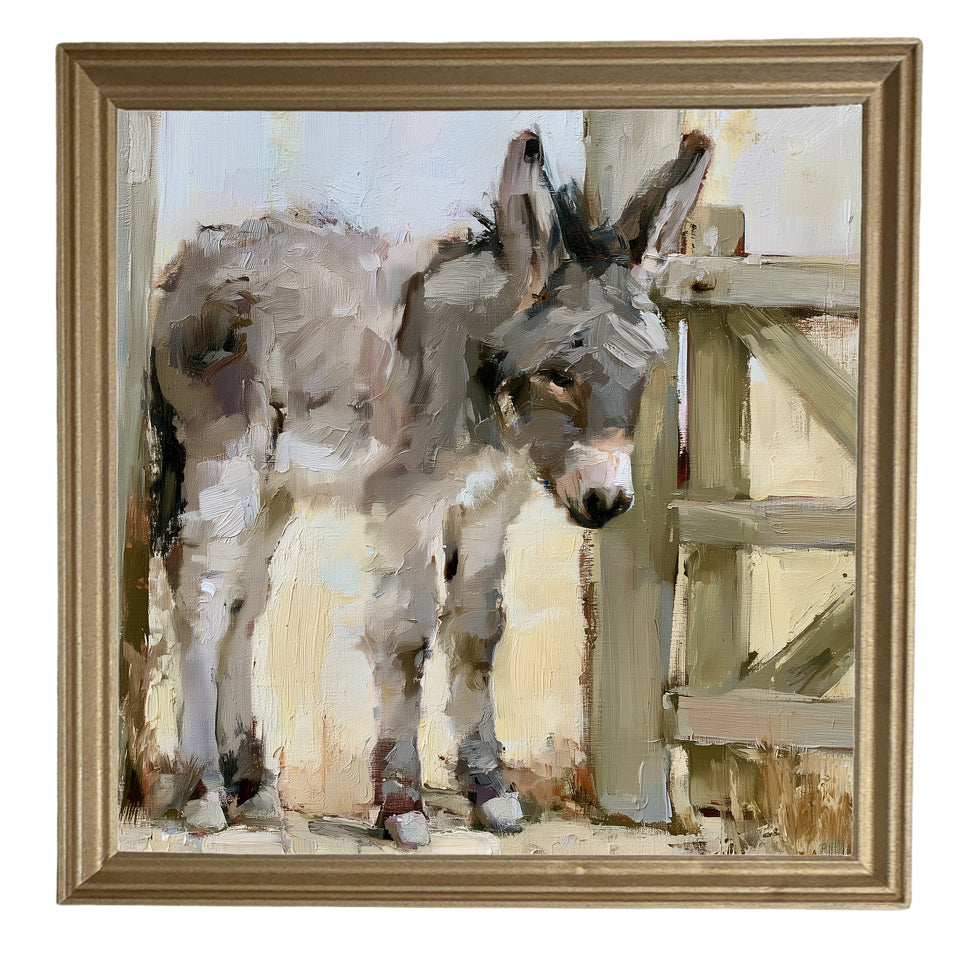 young gray-brown donkey standing quietly, rustic farmhouse framed art — product view 8