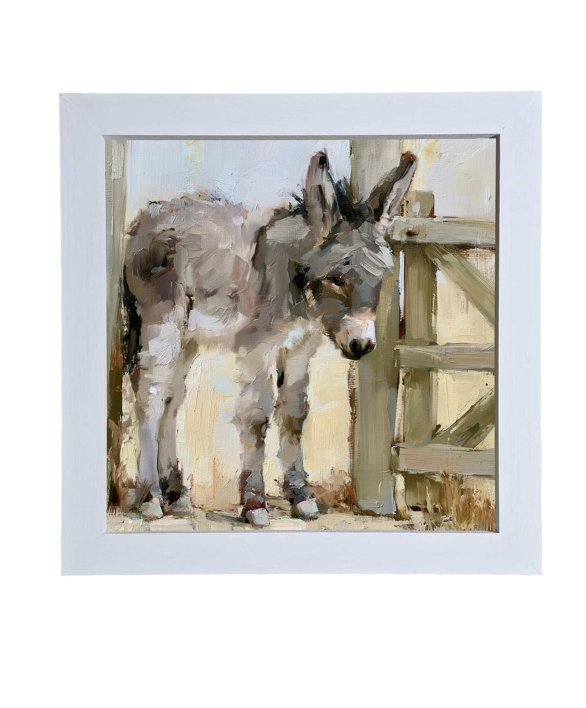 young gray-brown donkey standing quietly, rustic farmhouse framed art — product view 9