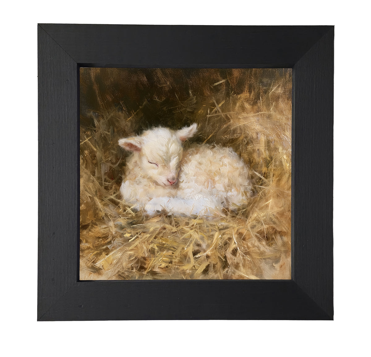Cream-colored lamb curled up asleep, framed farmhouse nursery wall art — product view 7