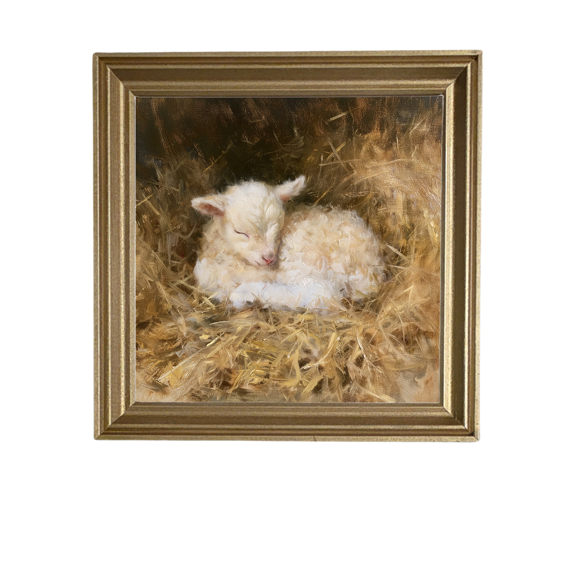 Cream-colored lamb curled up asleep, framed farmhouse nursery wall art — product view 6