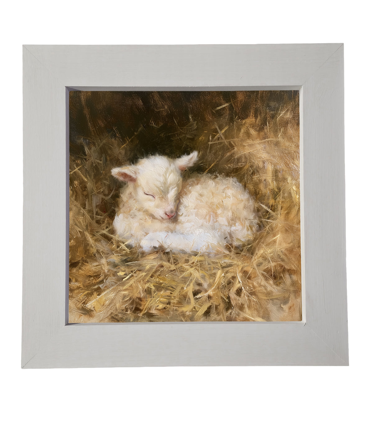 Cream-colored lamb curled up asleep, framed farmhouse nursery wall art