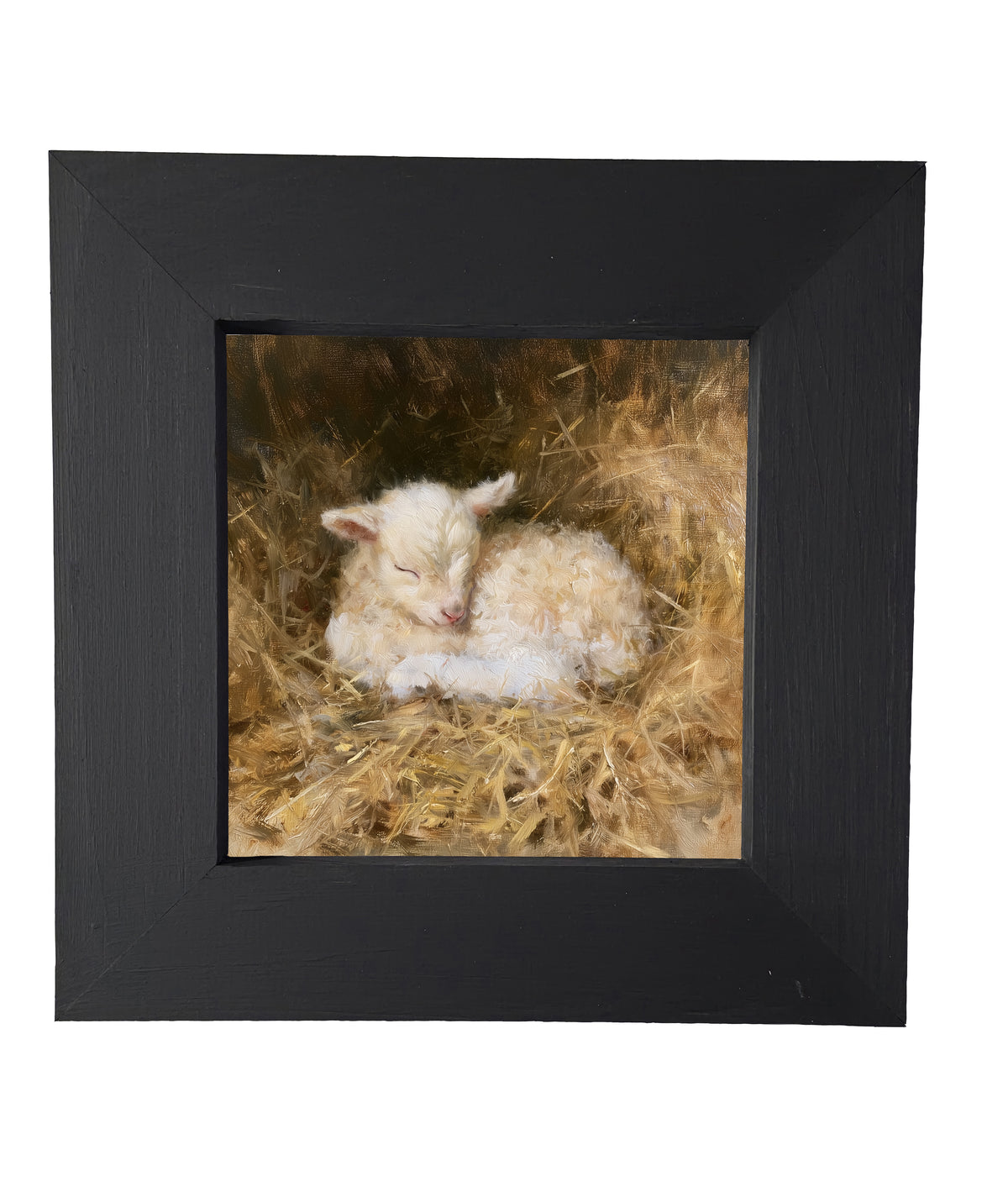 Cream-colored lamb curled up asleep, framed farmhouse nursery wall art — product view 5