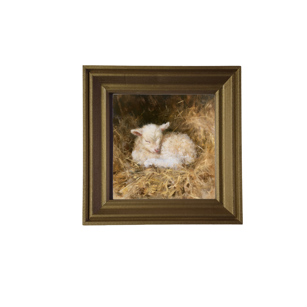 Cream-colored lamb curled up asleep, framed farmhouse nursery wall art — product view 3