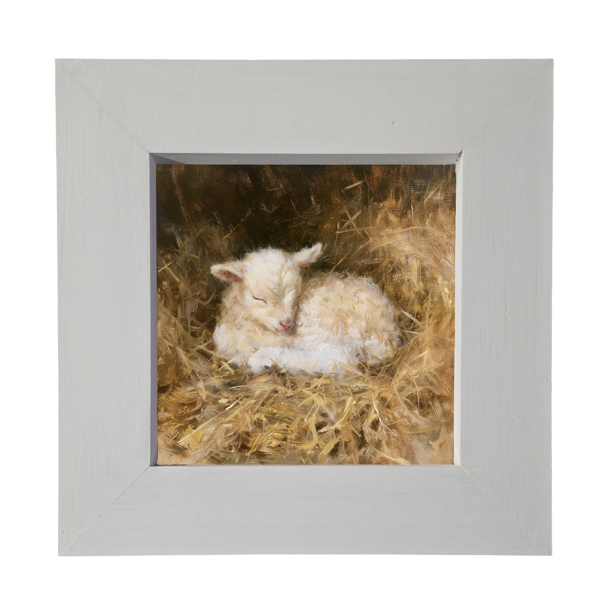 Cream-colored lamb curled up asleep, framed farmhouse nursery wall art — product view 4