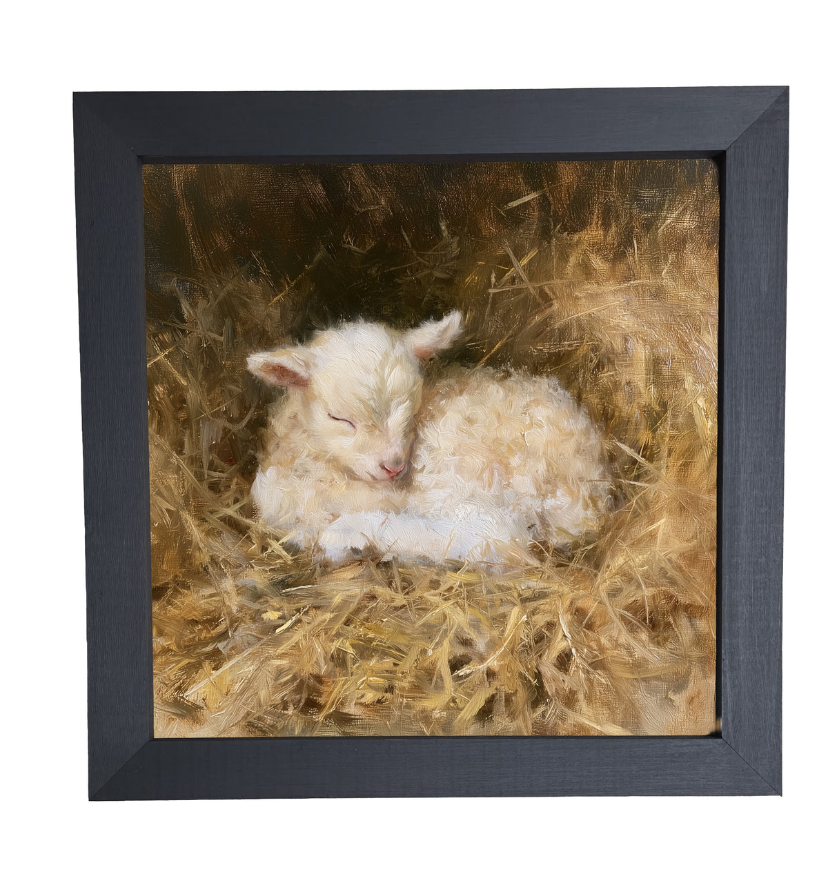 Cream-colored lamb curled up asleep, framed farmhouse nursery wall art — product view 10
