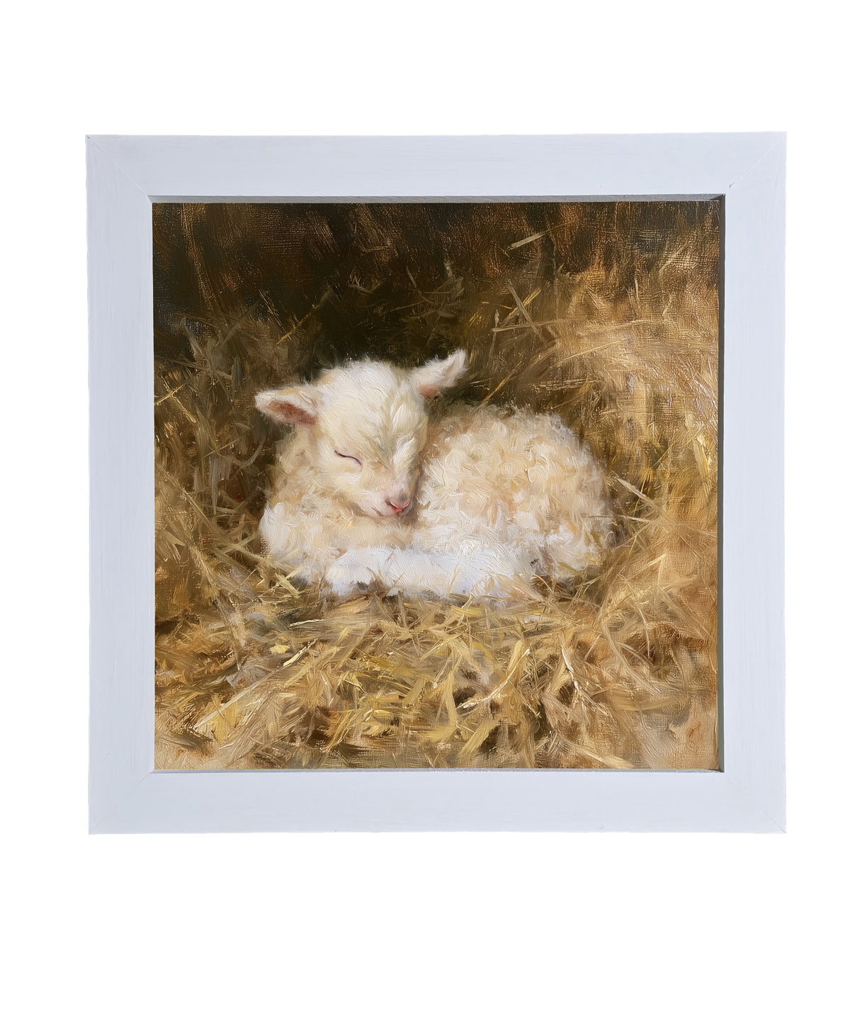Cream-colored lamb curled up asleep, framed farmhouse nursery wall art — product view 9