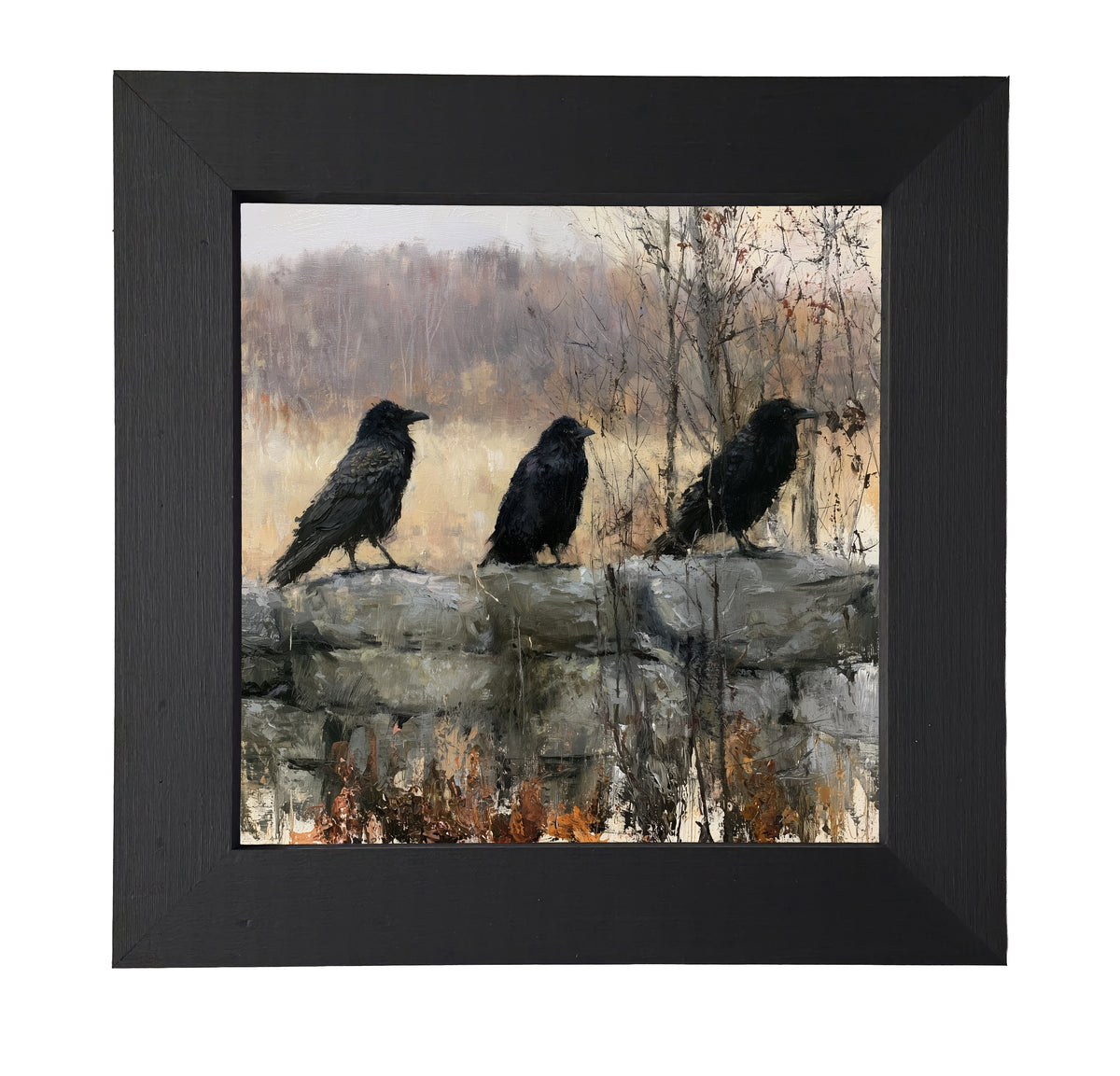 three black ravens perched on a rustic branch in a moody woodland scene
