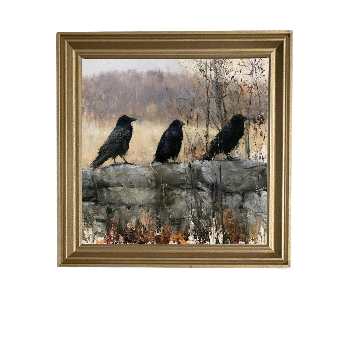 three black ravens perched on a rustic branch in a moody woodland scene — product view 6