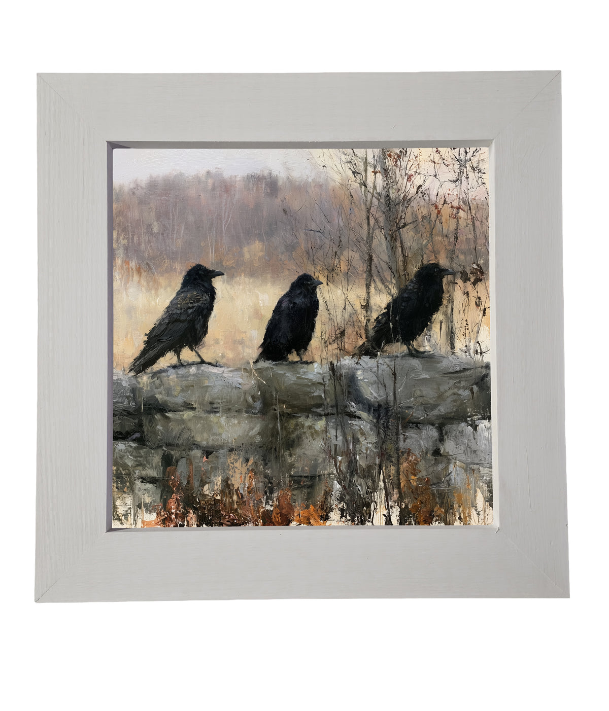 three black ravens perched on a rustic branch in a moody woodland scene — product view 7