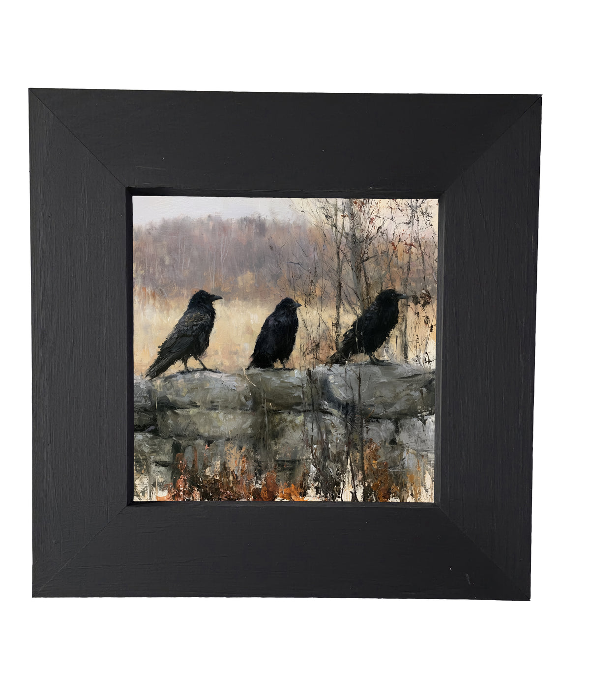 three black ravens perched on a rustic branch in a moody woodland scene — product view 5