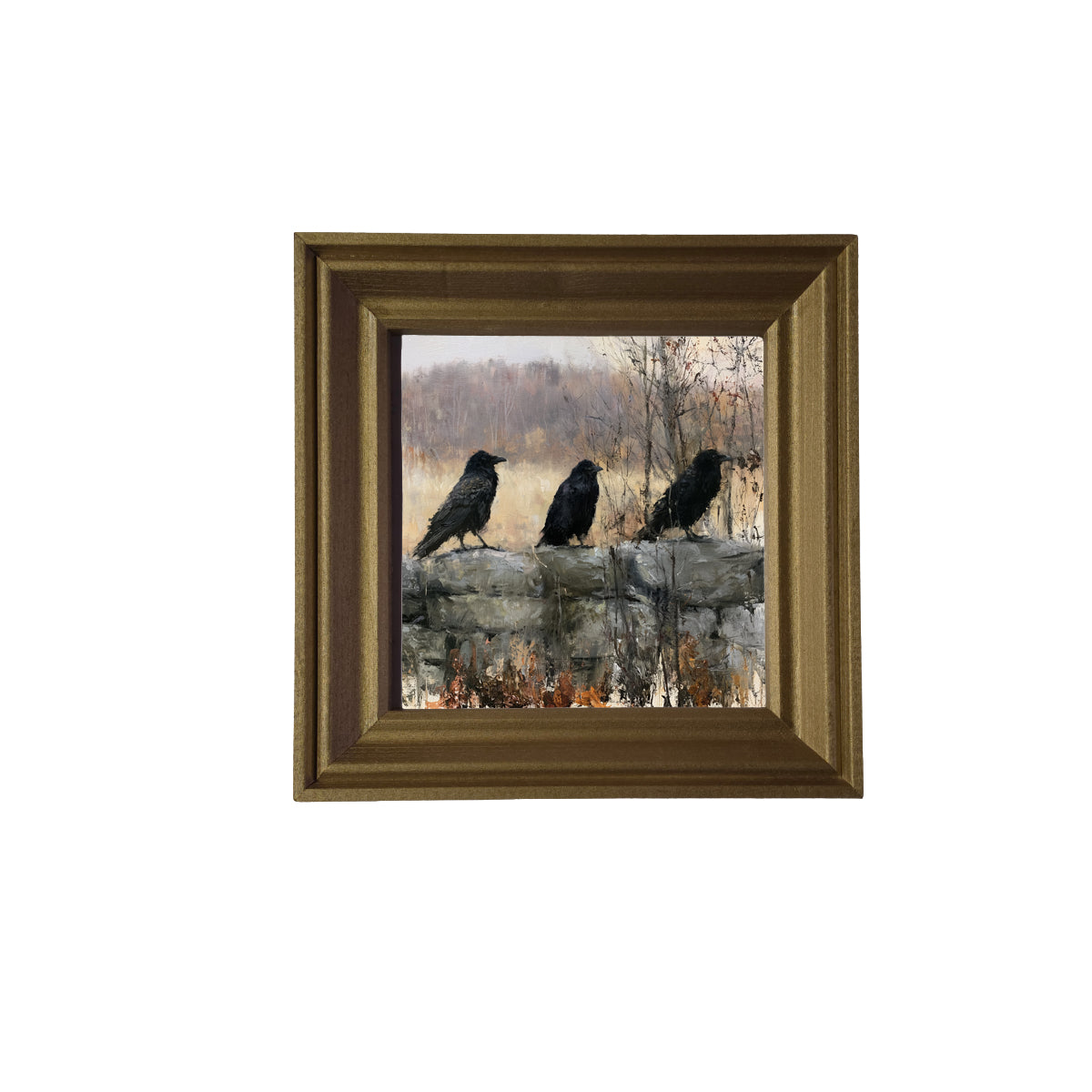 three black ravens perched on a rustic branch in a moody woodland scene — product view 3