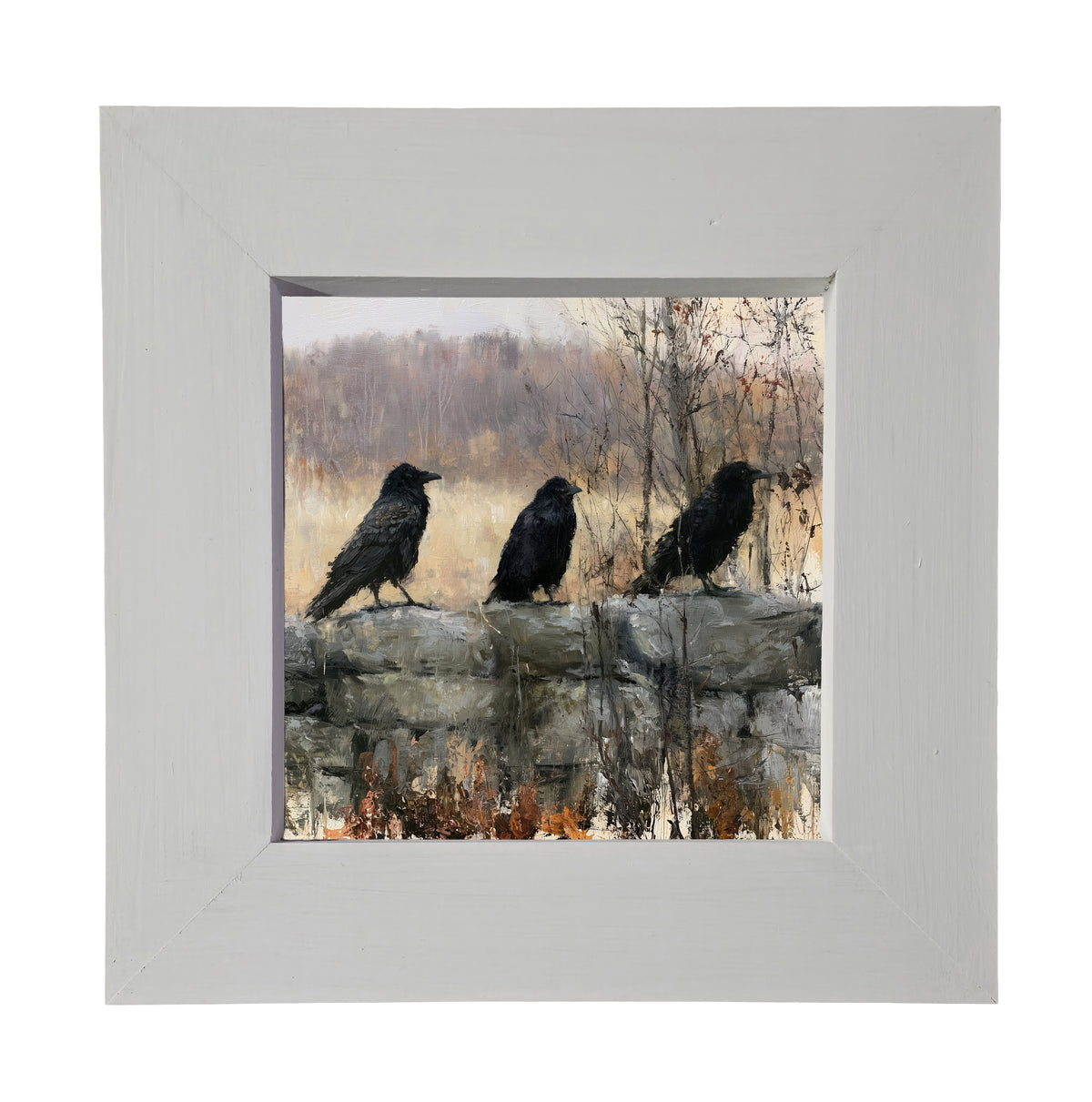 three black ravens perched on a rustic branch in a moody woodland scene — product view 4