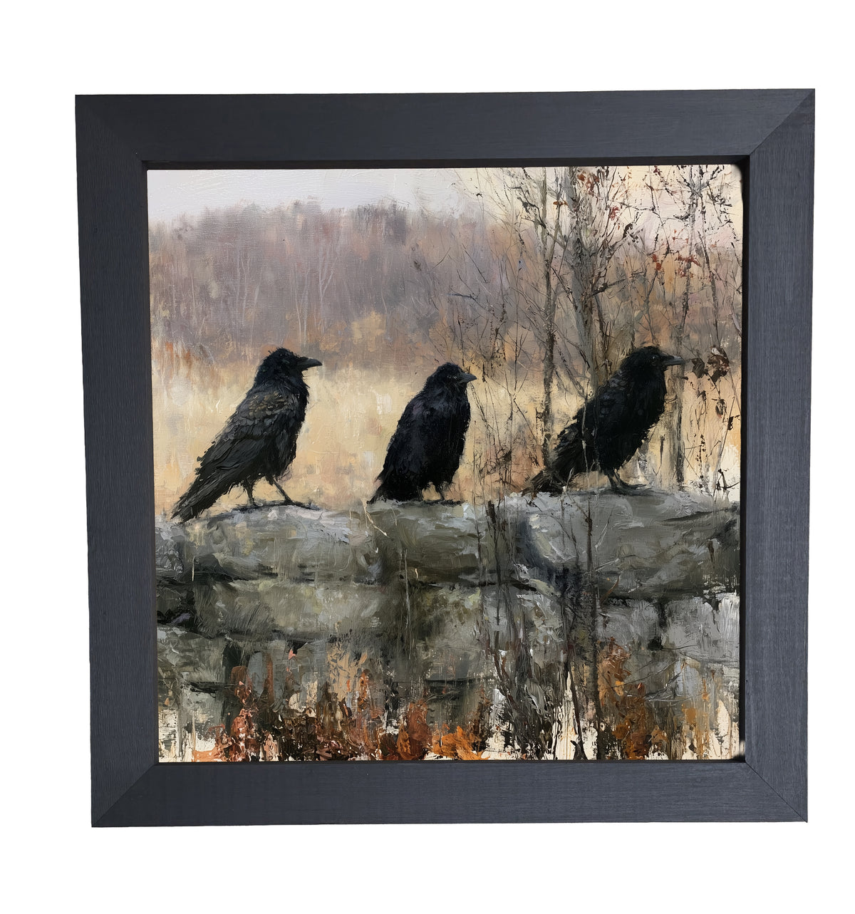 three black ravens perched on a rustic branch in a moody woodland scene — product view 10