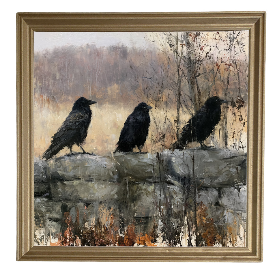 three black ravens perched on a rustic branch in a moody woodland scene — product view 8