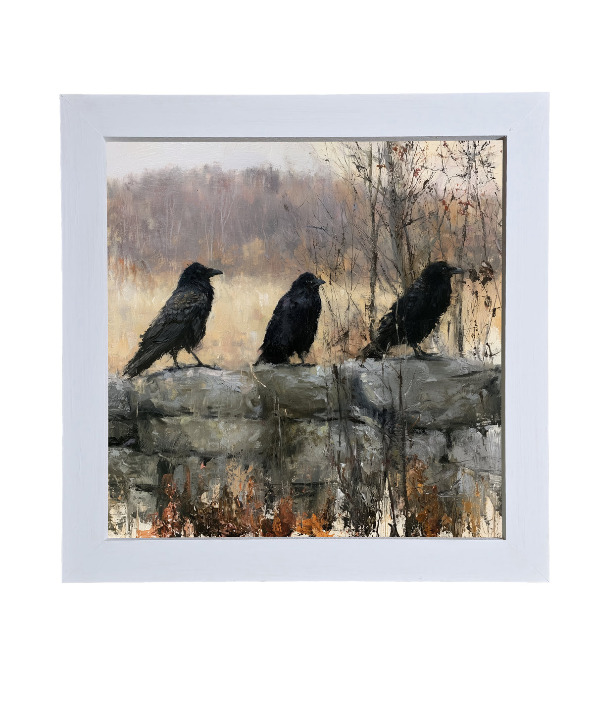 three black ravens perched on a rustic branch in a moody woodland scene — product view 9
