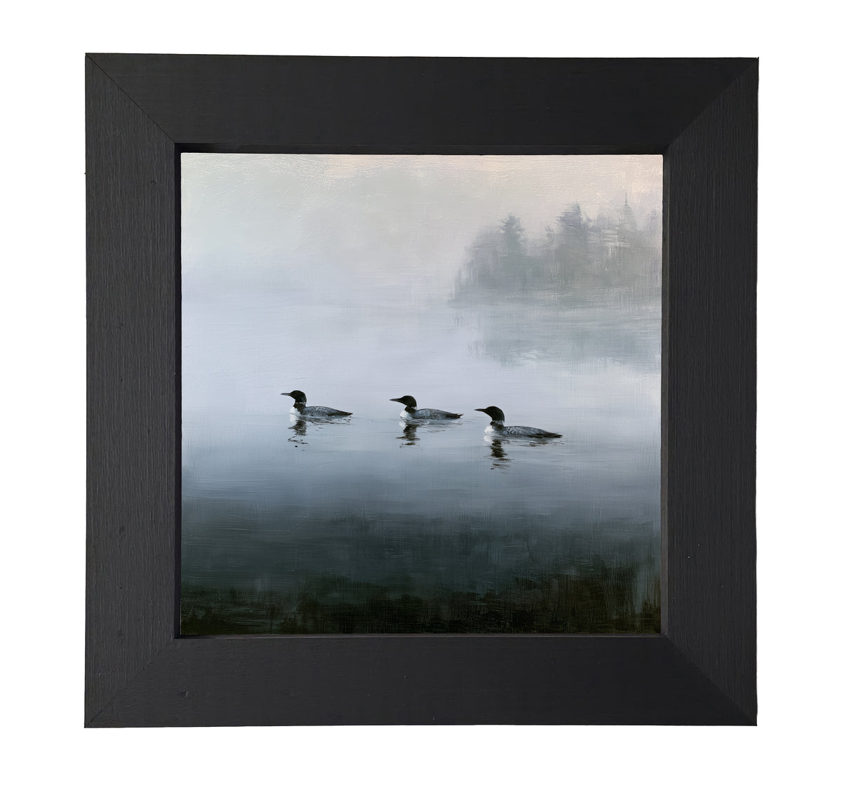 Three common loons floating together on a tranquil lake in a rustic black and white framed print — product view 7