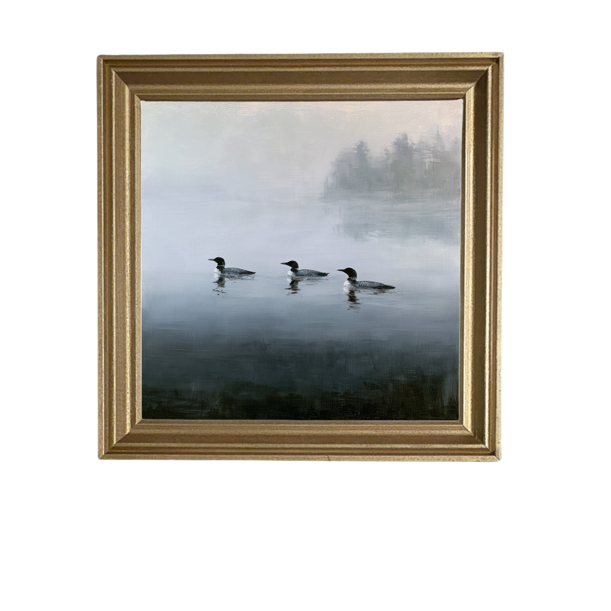 Three common loons floating together on a tranquil lake in a rustic black and white framed print