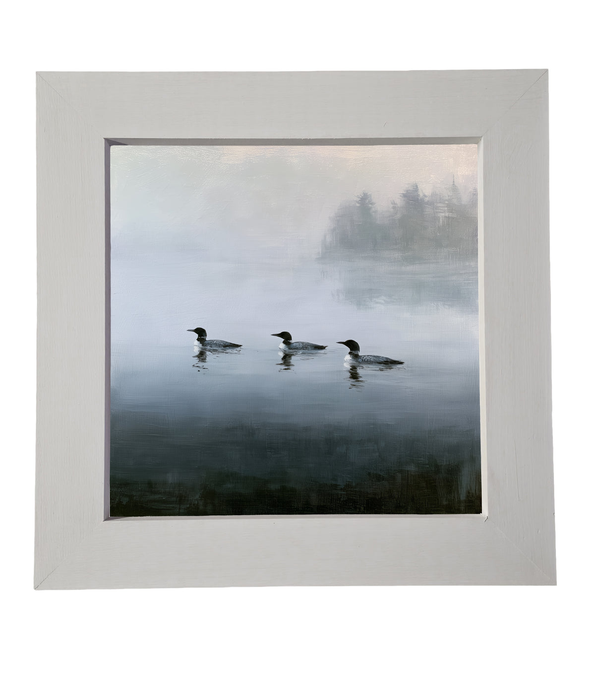 Three common loons floating together on a tranquil lake in a rustic black and white framed print — product view 6