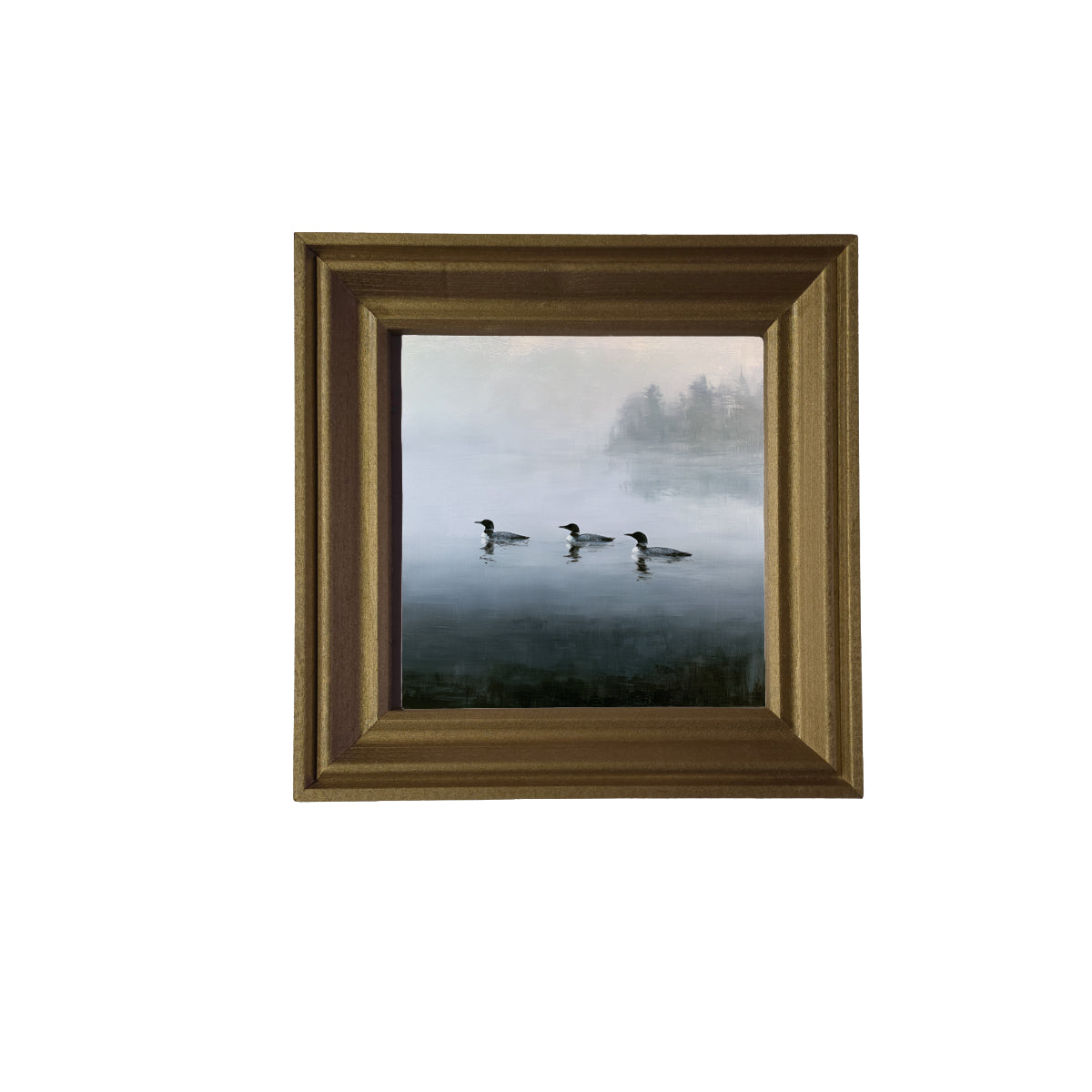 Three common loons floating together on a tranquil lake in a rustic black and white framed print — product view 3