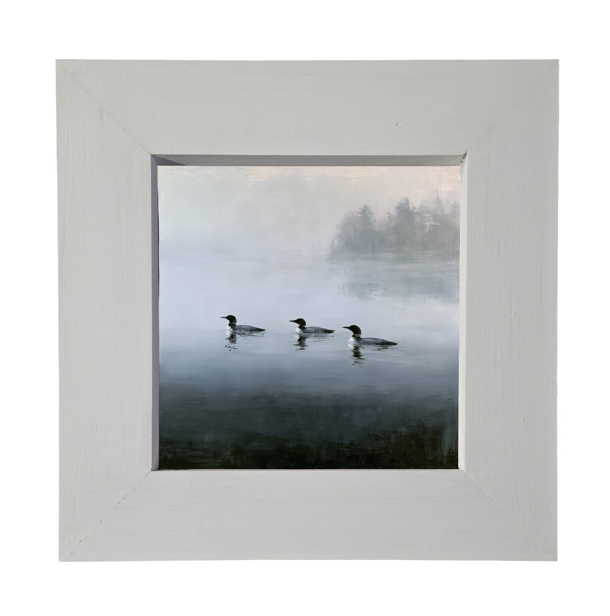 Three common loons floating together on a tranquil lake in a rustic black and white framed print — product view 4