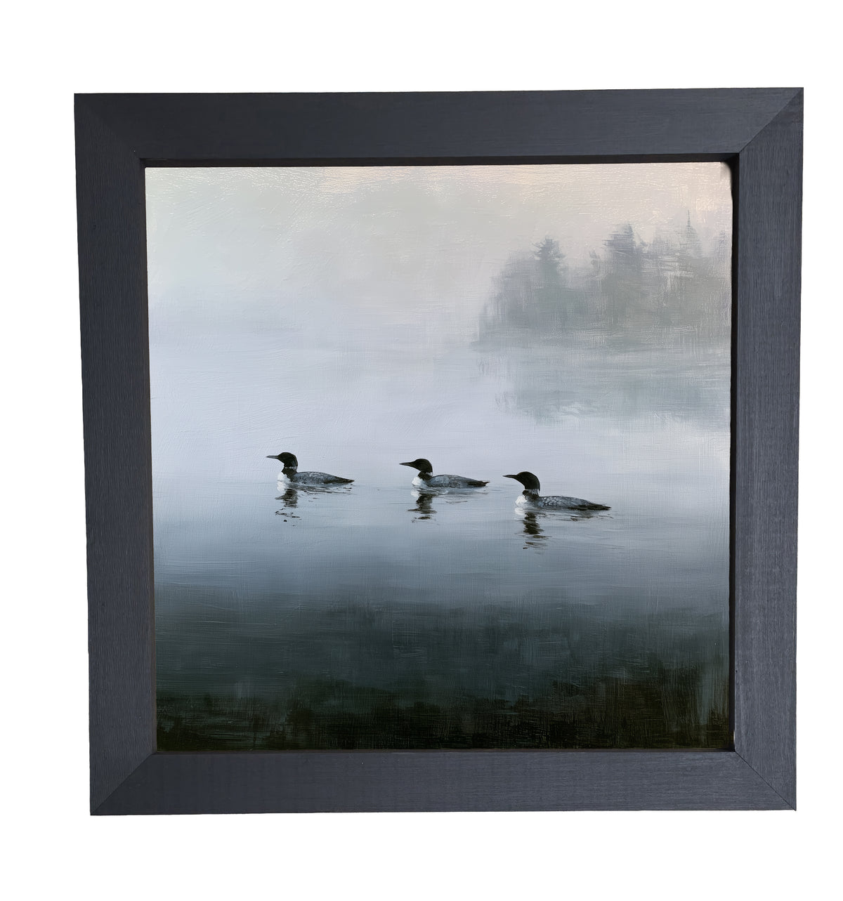 Three common loons floating together on a tranquil lake in a rustic black and white framed print — product view 10