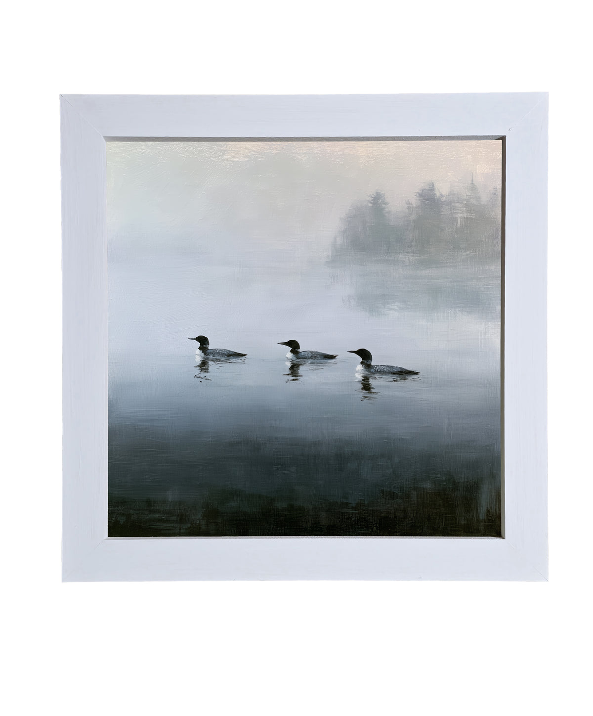 Three common loons floating together on a tranquil lake in a rustic black and white framed print — product view 9