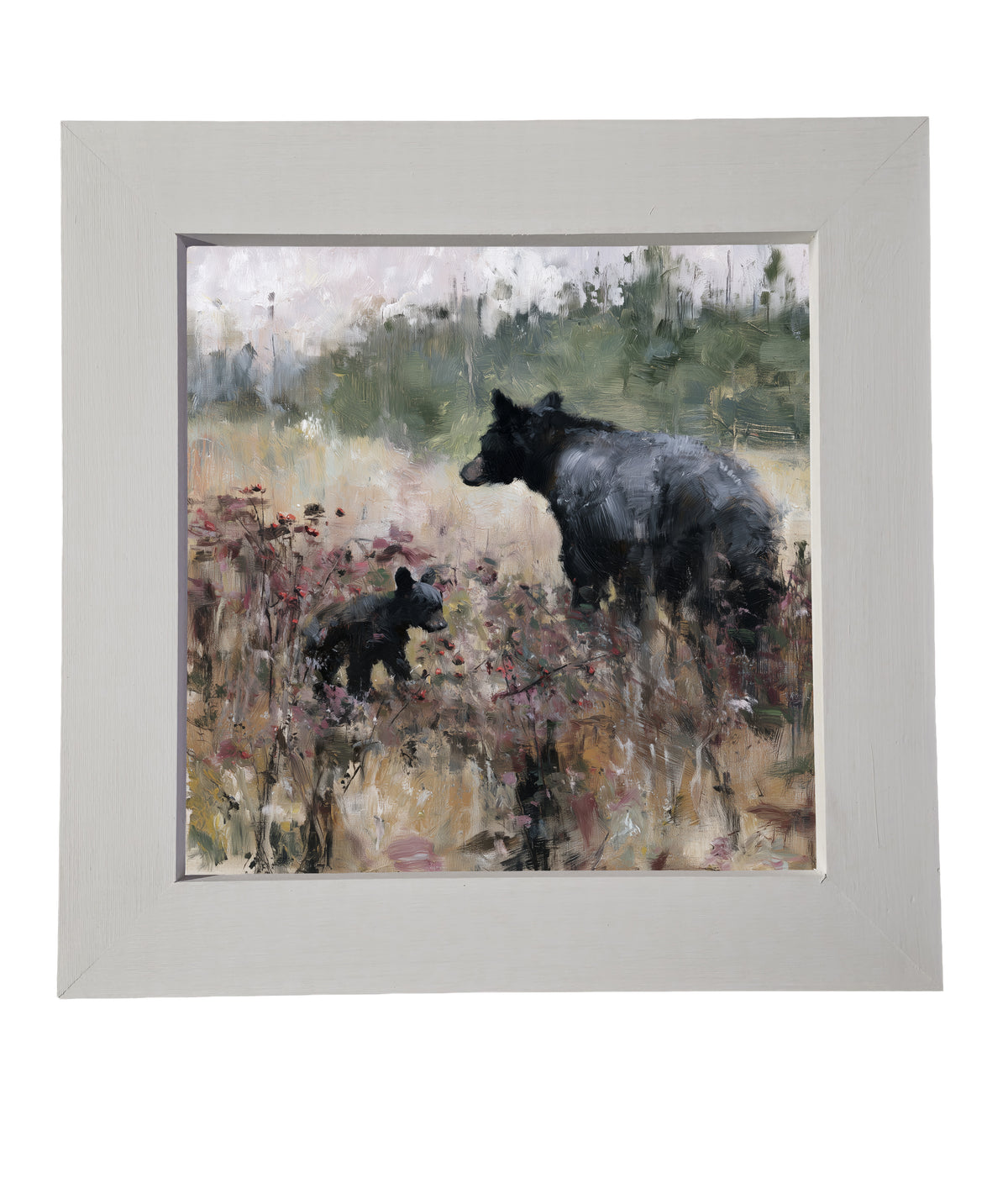 Mother black bear and cub walking together in a rustic woodland scene