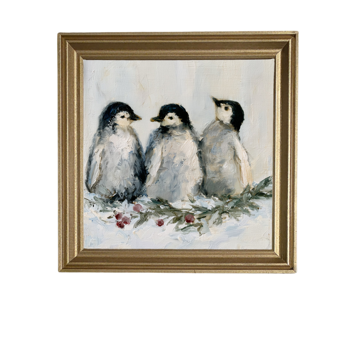 three small penguins standing close together in a rustic winter scene — product view 6